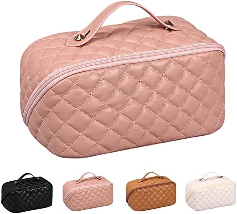 Starnearby Large Capacity Cosmetic Bag, Waterproof Travel Portable Make Up Bag, Beauty Zipper Makeup Organizer Bag with Inner Pouch, PU Leather Cosmetic Travel Pouch for Women Girl (Apricot White)