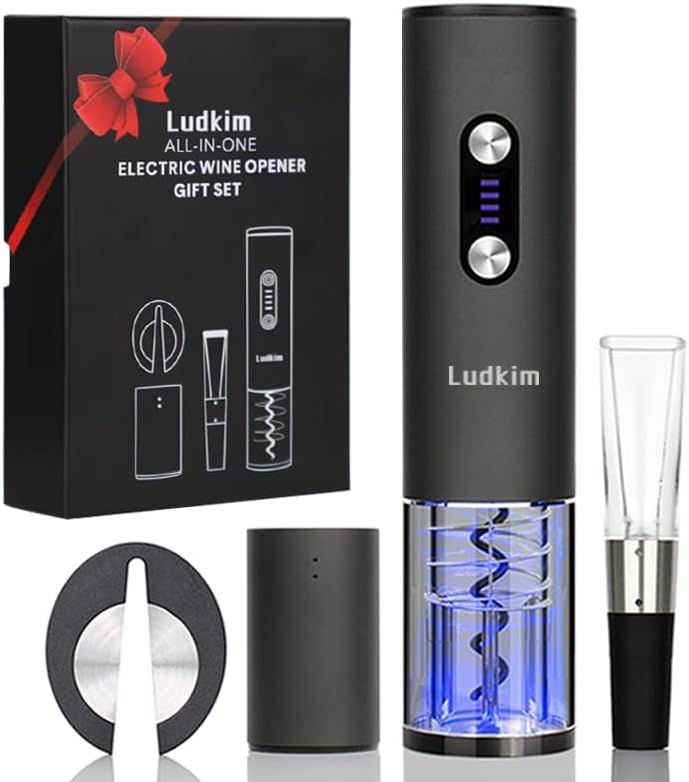 Electric Wine Opener Set Rechargeable 4-in-1 Luxury Gift Box with Charging Vacuum Stopper, Aerator Pourer & Foil Cutter,Cordless Metal Wine Bottle Opener Kit for Men & Women