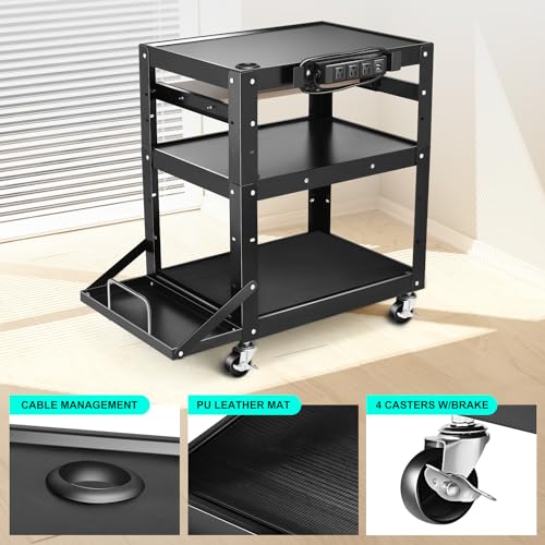 Image of DNA Motoring Steel AV Cart 3-Layer Rolling Projector Utility Cart, 24 inch X 18 inch X 20 inch - 30.5 inch Height Adjustable, with Wheels, Pullout Keyboard Tray, Power Strip, Cord Management, TOOLS-00495