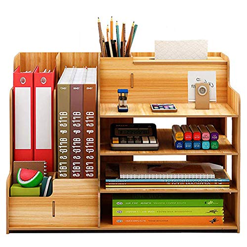Catekro Wooden Desktop Organizer, Desk Organizers and Accessories, Desktop Bookshelf, Workspace Organizers, Office Supply Box for Office Supplies, Kitchen, Bathroomï¼ˆYellowï¼‰