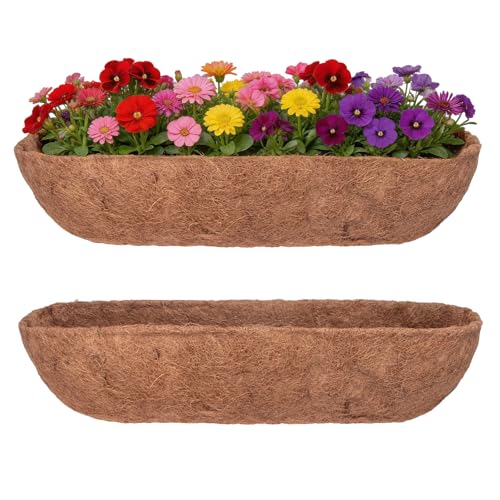 Image of DUNCHATY Trough Coco Liners for Planters 24 Inch - 2 Pack Natural Coconut Fiber Liner Replacement for Window Box Hanging Basket Garden Wall Flower Pot Inserts Eco-Friendly Coir