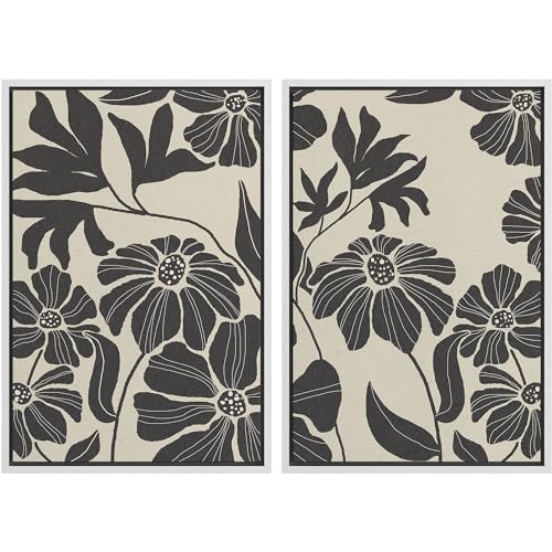 MUDECOR Framed Canvas Print Wall Art Monochrome Floral Botanical Black