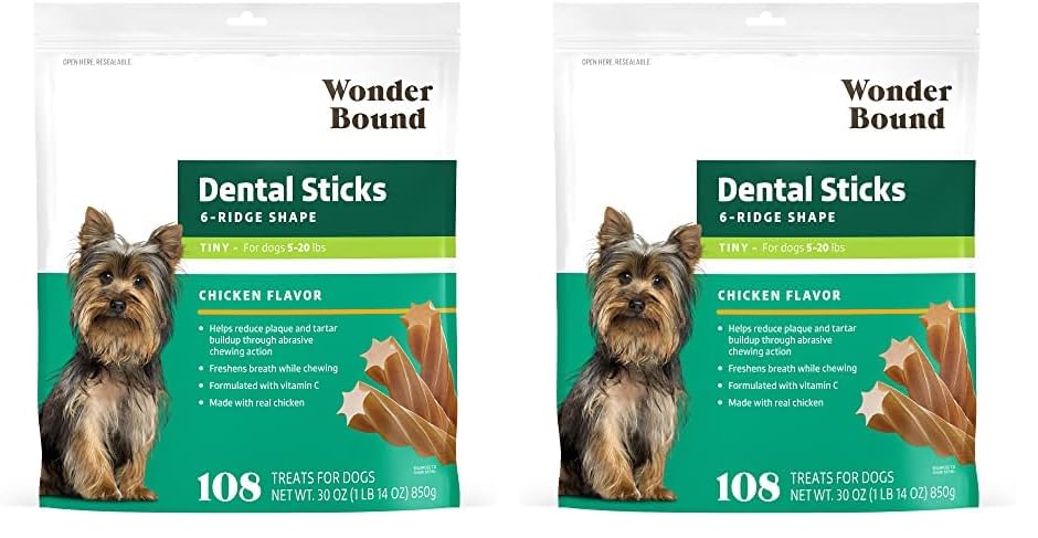 Image of Wonder Bound Chicken Flavor Dental Sticks for Tiny Dogs (5-20 lbs), 6-Ridge Shape for Plaque & Tartar Control, Freshens Breath, Made with Real Chicken, 108 Count (Pack of 2)