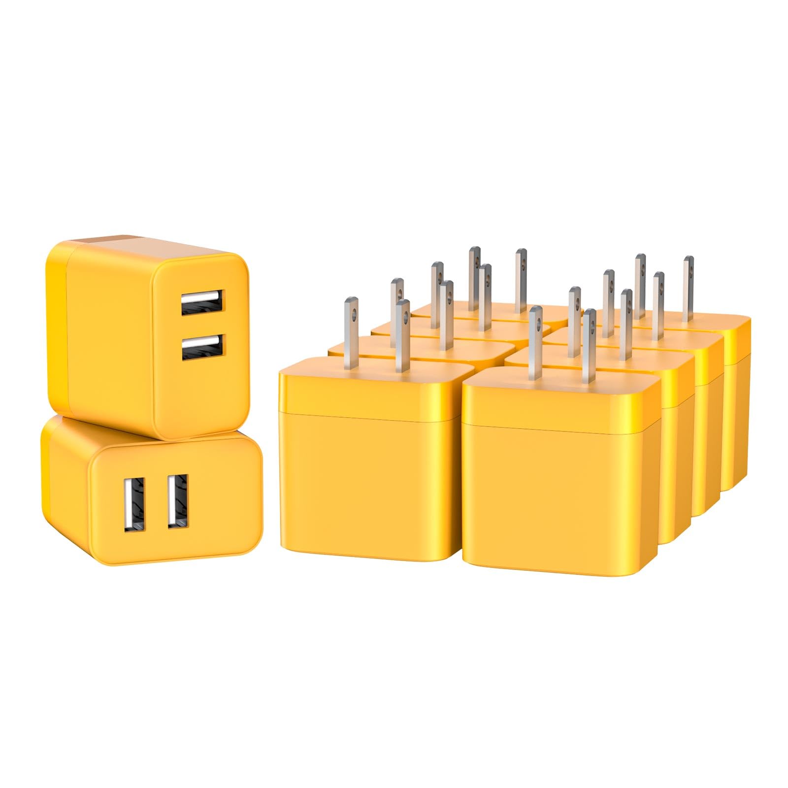 TOPWE 充電器 USB コンセント【10個セット・PSE技術基準適合】 acアダプター 小型 スマホ充電器 10W 2ポート搭載 iPhone Xperia Samsung Galaxy Arrows Pixel Android 等のUSB機器対応 (黄色, 2つUSB-Aポート)