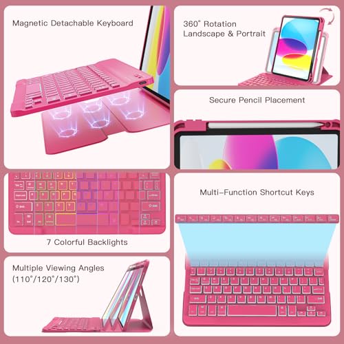 Image of RAYMCRAFT for iPad 11th(A16, 2025) /10th Generation Case with Keyboard, 360 Rotatable Case & Detachable Backlit Keyboard, Precision Cutouts and Pen Holder for iPad A16 11'' /10th 10.9'', Hot Pink