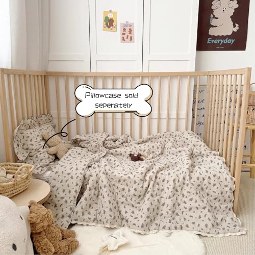 Image of BuLuTu Double-Layer Cotton Muslin Toddler Bed Blanket Lightweight Baby Quilt, Vintage Orchid Flower Print Crib Comforter with Chic Lace Edges, Soft Breathable Kids Blankets, 47x59 Inches
