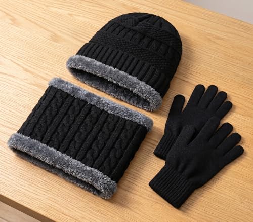 Image of Winter Knit Beanie, Hat, Neck Warmer Scarf and Woolen Gloves Set - Skull Cap for Men & Women (3 Piece)