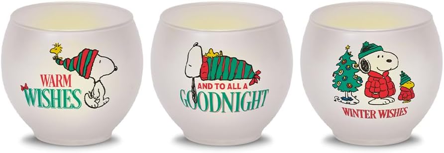 Mark Feldstein Peanuts Holiday Wishes Glass Votives, LED Tea Lights, 3In