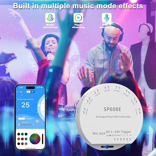 Image of PAUTIX SP608E SPI Pixel LED Controller with 8 Signal Outputs,Work with RGB Smart IC COB LED Strips,Built-in Mic /AUX Music Bluetooth for WS2811 LED Module Pixel Strip Light APP /Remote /Trigger Control