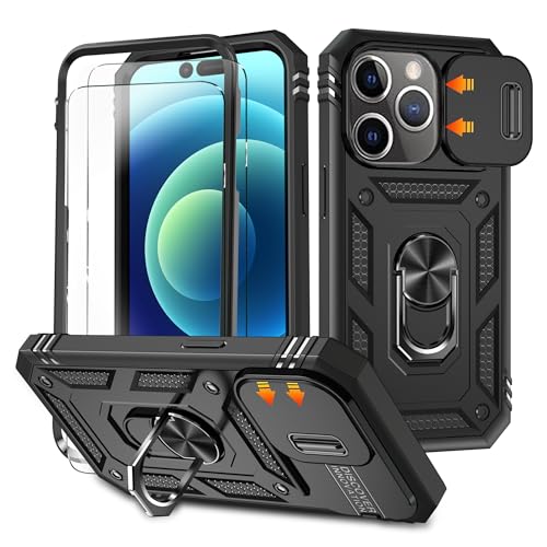 HpulaCase for iphone 11 Pro Max Case with Camera Cover Slider 2*Screen Protectors Build in 360Rotating Ring Kickstand Military Grade Protective Case for iphone 11 Pro Max 6.5-Black