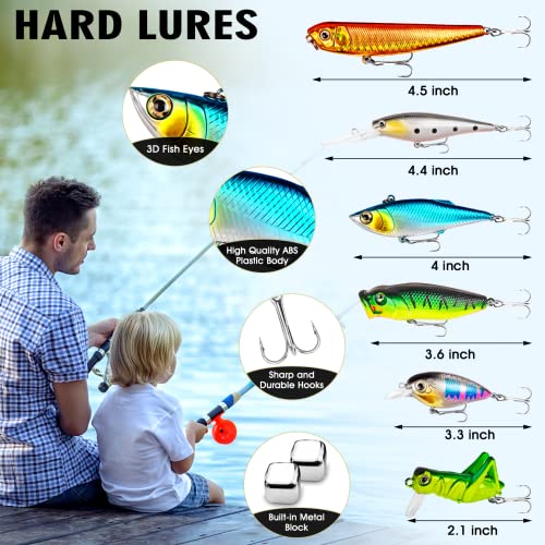 375Pcs Fishing Lures For Freshwater, Fishing Tackle Box 2 Big Frogs Grasshopper Lifelike Fish Baits Plastic Worms, Artificial Fishing Baits For Bass Trout Salmon, Best Fishing Gifts For Men Kids（375） #TOP3