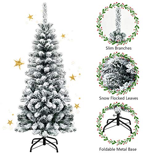 Goplus 4.5Ft Artificial Snow Flocked Christmas Tree, Unlit Pencil Hinged Pine Tree With Metal Stand, Slim Xmas Snowy Tree For Indoor And Outdoor Use #TOP1