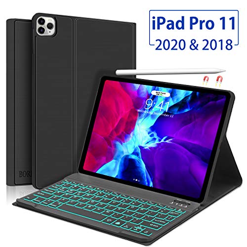 Funda con teclado para iPad Pro 11 2020/2018, Boriyuan Folio Smart Cover compatible con Apple Pencil, teclado retroiluminado Bluetooth desmontable compatible con iPad Pro 11, color negro