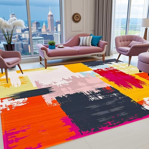 Flame Red Yellow Grey Vibrant Modern Abstract Indoor Area Rugs