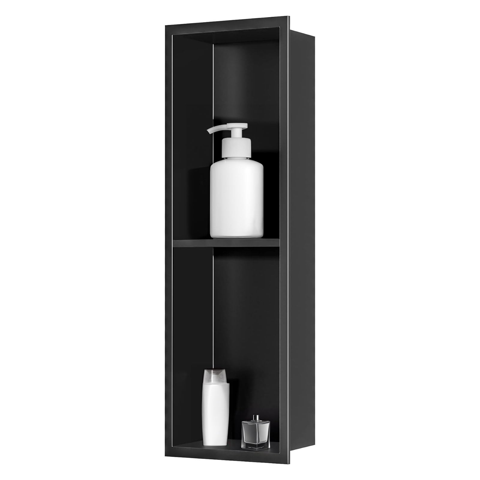 Sunrik Black Shower Niche, Embedded Shower Niche Stainless Steel, Shower Niche With Shelf 20×60×10Cm,