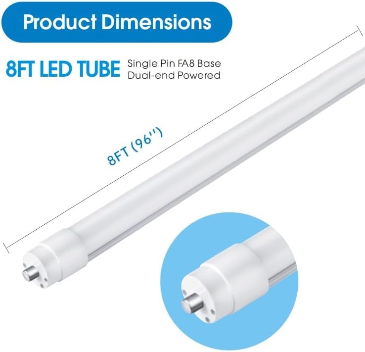 T8 8FT LED Tube Light, 8 Foot T8 LED Tube Light Single Pin FA8 Base, Ballast Bypass 50W 6750LM, 6500K Cool White, Frosted Cover (Replace 150W LED Flourescent Bulbs) Dual - Ended Power AC100-277V 4PACK