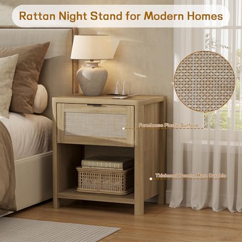 Image of Boho Nightstand with Charging Station, Large Bedside Table with Drawer & Open Storage Shelf, Mid-Century Modern End Table Rattan-Look Drawer, Accent Side Table with Rounded Corners for Bedroom