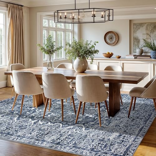 KUTA Blue White Vintage 8x10 Area Rugs for Living Room, Washable Large Rug for Bedroom 8ft x 10ft Non-Slip, Ultra Soft Printed Traditional Floral Medallion Distressed Dining Room Low-Pile Carpet