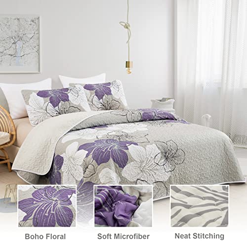 3 Pieces Quilt Set Queen Purple Floral Pattern Quilt Coverlet Set Elegant Boho Lily Bedspread With 2 Pillow Shams Breathable Microfiber Bedding Decor Quilt Set All Season (Purple, 90"X96") #TOP1