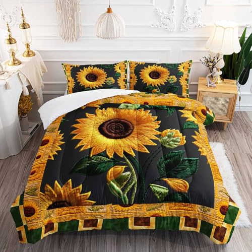 Image of AILONEN Sunflower Bedding Set Full Size- Yellow Green Flower Boho Exotic Comforter Set,3-Piece Kids Girls Women Soft Floral Quilt with 2 Pillowcases