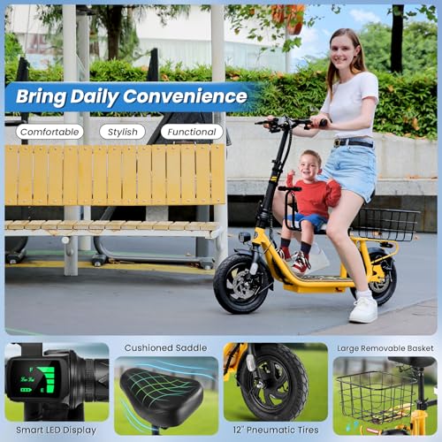 Caroma 1200W Peak Electric Scooter with Seats, 30 Miles Max Range Electric Scooter with Child Seat, 20mph Top Speed Commuter Ebike for Adults&Teens, Adjustable Escooter with Basket