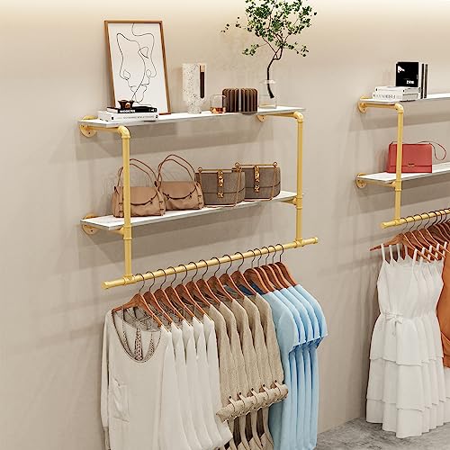 unho Kleiderstange zur Wandmontage, Wandgarderobe mit 2 Ablage im Industrierohrstil, Wandgarderoben für Schlafzimmer Wohnzimmer, Gold