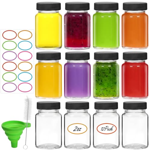 EkkoVla 12 Pack 60ml Glass Shot Bottles with Black Lids