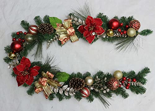 Christmas Garland with Lights, 6 FT Pre-lit Christmas with 20 LED Lights and Classic Red Gold Decorations, Lighted Christmas Decorations for Indoor Outdoor Fireplace Banister Decor