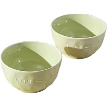 Simple and personalized household English letter ceramic bowl, cam dessert rice restaurant bowl - 4.75 inch hand-kneaded English bowl - cream green - 2 packs