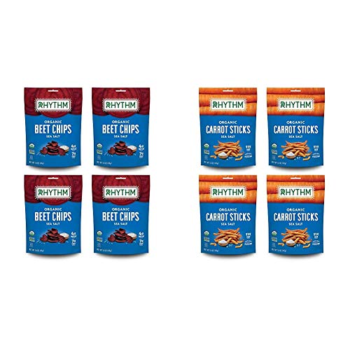 Rhythm Superfoods Beet Chips, Sea Salt, Organic And Non-Gmo, 1.4 Oz (Pack Of 4) & Carrot Sticks, Sea Salt, Organic & Non-Gmo, 1.4 Oz (Pack Of 4), Vegan/Gluten-Free Superfood Snacks #TOP27