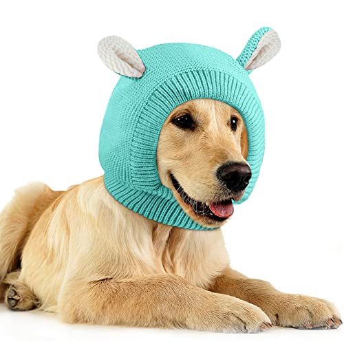 Image of Frienda Dog Ear Muffs Noise Protection, Neck 14.96 Inch Fits Medium Dogs, Knitted Calming Hood for Dogs, Fireworks Thunder Anxiety Relief, Fleece Inner Warm Beanie Hat(Lake Green)