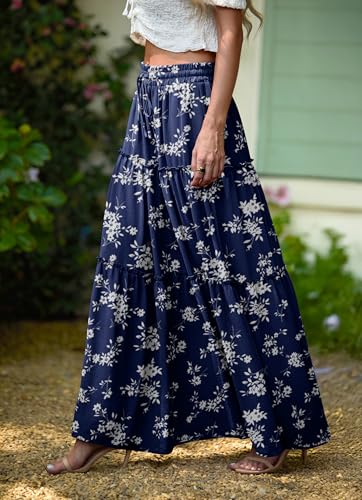 Image of Lepunuo Womens Casual Boho High Waisted Flowy Maxi Skirts Tiered Floral Long Skirts with Pockets for Summer Beach Vacation