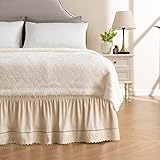 MIYE Wrap Around Ruffled Lace Bed Skirt, Elastic Dust Ruffle with Adjustable Belts, Easy to Put On, Bed Frame Cover, Machine Washable (Embroidered/Beige, King/Queen-15 Drop)