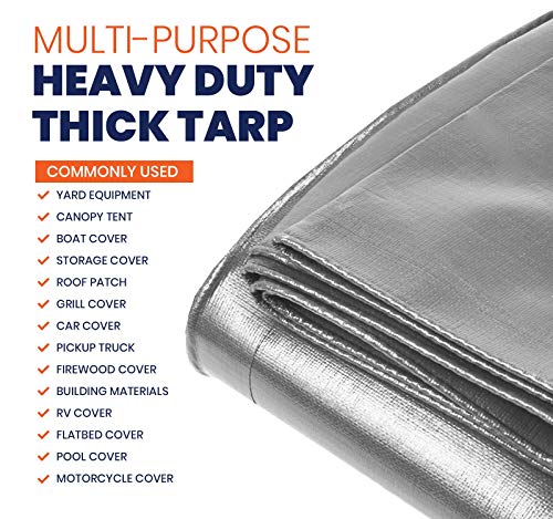 Image of Extra Heavy Duty 14 Mil Tarp Cover, Waterproof, UV Resistant, Rip and Tear Proof, Poly Tarpaulin with Reinforced Edges for Roof, Camping, Patio, Pool, Boat (Silver /Black 12′ X 12′)