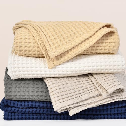 Image of PHF 400GSM 100% Washed Cotton Waffle Weave Blanket, Cozy Breathable Skin-Friendly Throw Queen Size for All Season, Luxury Fall Layer Bedspread for Couch Bed Sofa,Elegant Home Decor,Beige, 90 inch inch x90