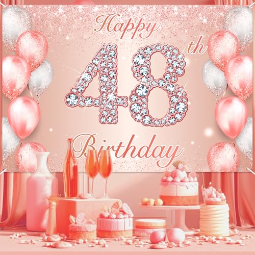Image of Happy 48th Birthday Rose Gold Banner Cheers to 48 Years Old Backdrop Confetti Balloons Theme Decor for Women 48 Years Old Pink Birthday Party Decorations Bday Supplies Background Favors Gift Glitter