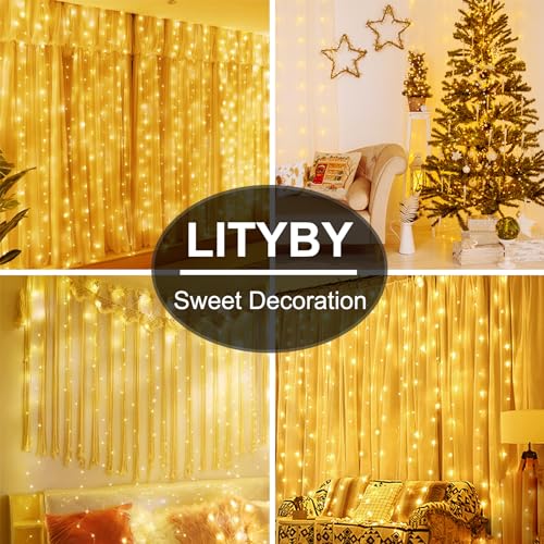 LITYBY Curtain Fairy Lights, 3m×3m 300LED USB Fairy Lights for Bedroom 8 Modes Curtain String Lights with Remote Control - Image 4