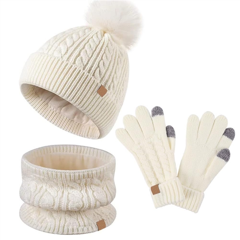 Lifup Chaud Écharpe et Gants Bonnet Ensemble pour Garçons Filles de 5 à 12 Ans, Bonnet Enfant Hiver avec Pompon, Épaisse Doublure Polaire Écharpe Chapeaux