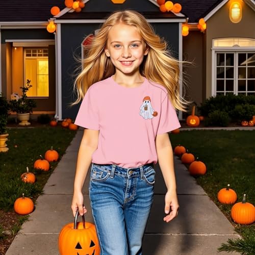 Girl Halloween Shirt Ghost Drinking Coffee Tshirt Pumpkin Short Sleeve Tee Top Kids Spooky Season Fall Outfit 7-12Y3
