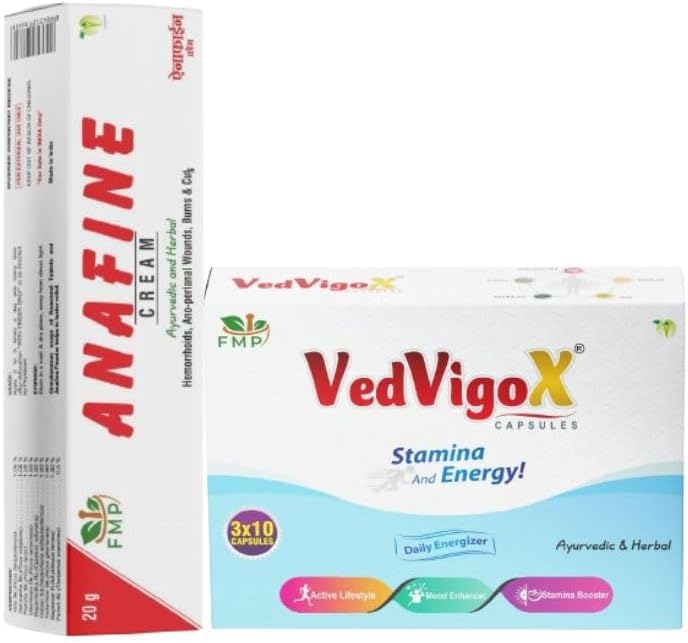 Ayurvedic and Herbal | Combo Pack Of 2 VedVigoX Capsules & Anafine Cream Helps to boost Immunity & Reduce Inflammation Relief From Cuts and Burns Suitable for Adults.