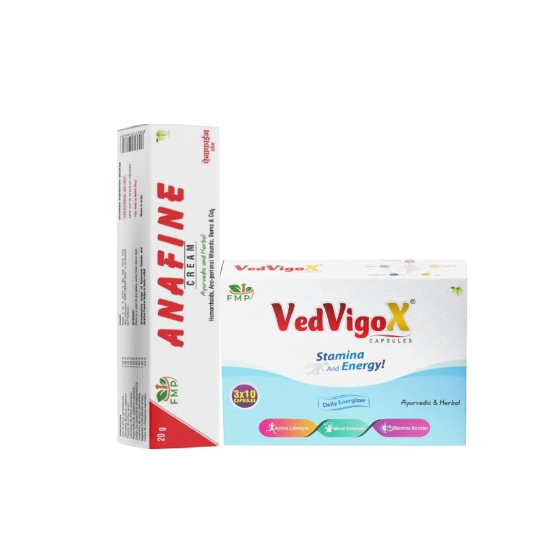 Ayurvedic and Herbal | Combo Pack Of 2 VedVigoX Capsules & Anafine Cream Helps to boost Immunity & Reduce Inflammation Relief From Cuts and Burns Suitable for Adults.