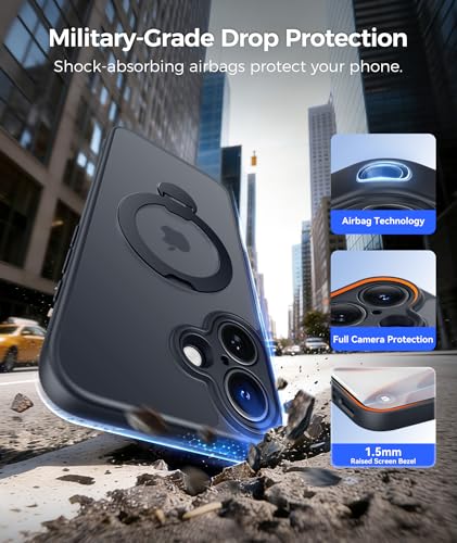 Image of FNTCASE for iPhone 17 Case: [360 Spin Magnetic Stand] [Compatible with Magsafe] [Screen Protector] Translucent Matte Military Grade Shockproof Full Camera Protective Phone Cover - Black