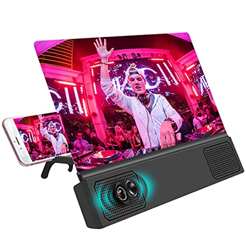 DKE&YMQ 12-Inch Phone Screen Magnifier with Speaker and Foldable Stand Hd 3D Screen Magnifier, Smart Phone Screen Magnifier for Movies/Video/Games, Black