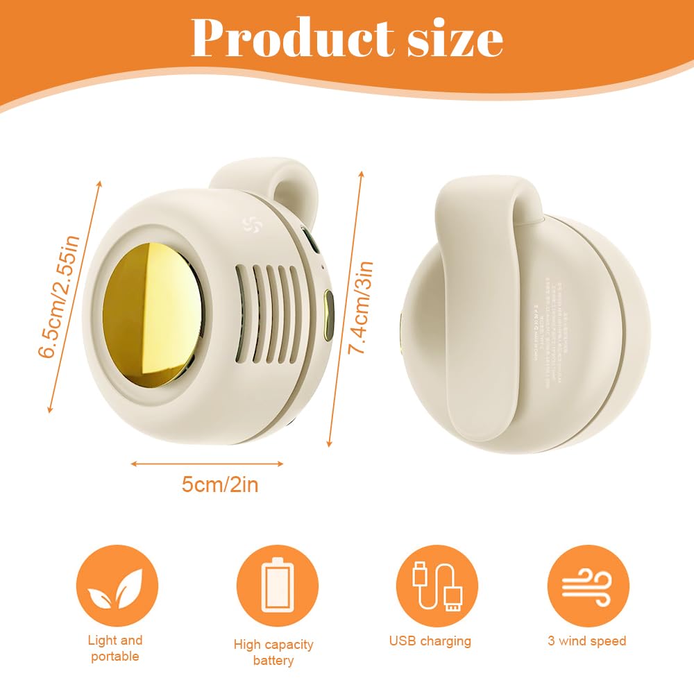 Mini ventilatore con clip, portatile, silenzioso, senza pale, 900 mAh, con clip in vita, 3 velocità, per ufficio all'aperto (bianco crema)