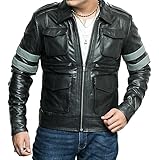 Mens RE 6 Gaming Leon Scott Black Biker Motorcycle Real Leather Jacket Stripes Sleeves Costume