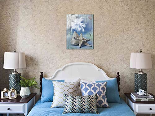 Bathroom Blue Ocean Summer Picture Nursery Canvas Wall Art Palm Tree Coastal Conch Seashell Painting Starfish Modern Artwork Framed For Bedroom Living Room Home Office Wall Decor 12"X16" #TOP2