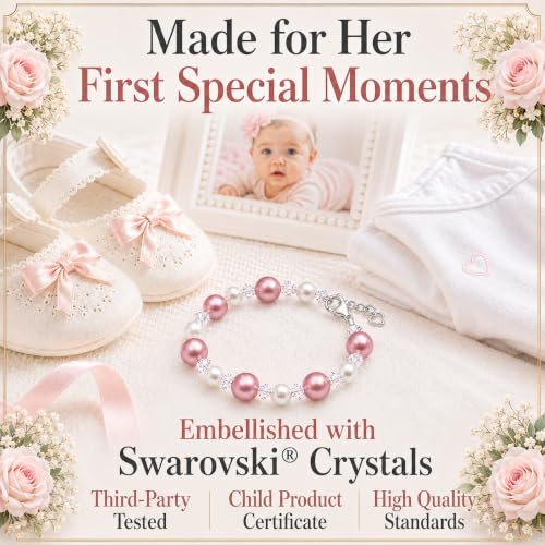 Image of Baby Bracelets for Infant Girls, Pink Pearl Bracelet Baby Girl Jewelry Gift