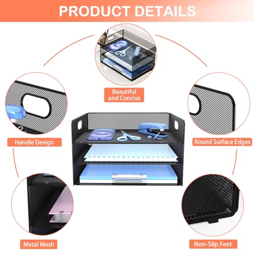 Desk Organizer, 3-Tier Letter Paper Tray Organizer, Desk Organizers and Accessories, Mesh Desktop File Organizer and Storage for Office Supplies (3 Tier Desk Organizer-Black) image 3