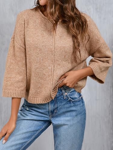Womens Oversized Lightweight 3/4 Short Sleeve Sweater Spring 2025 Casual Ribbed Knit Crewneck Thin Pullover Top4