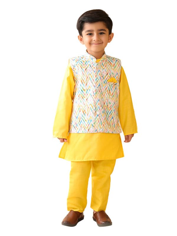 Boys Cotton Printed Gota Work Kurta Pyjama with Jacket Ethnic Wear Set